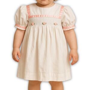 Polly Flinders Vintage Smocked Heirloom Dress White Pink Trim Girls 4T